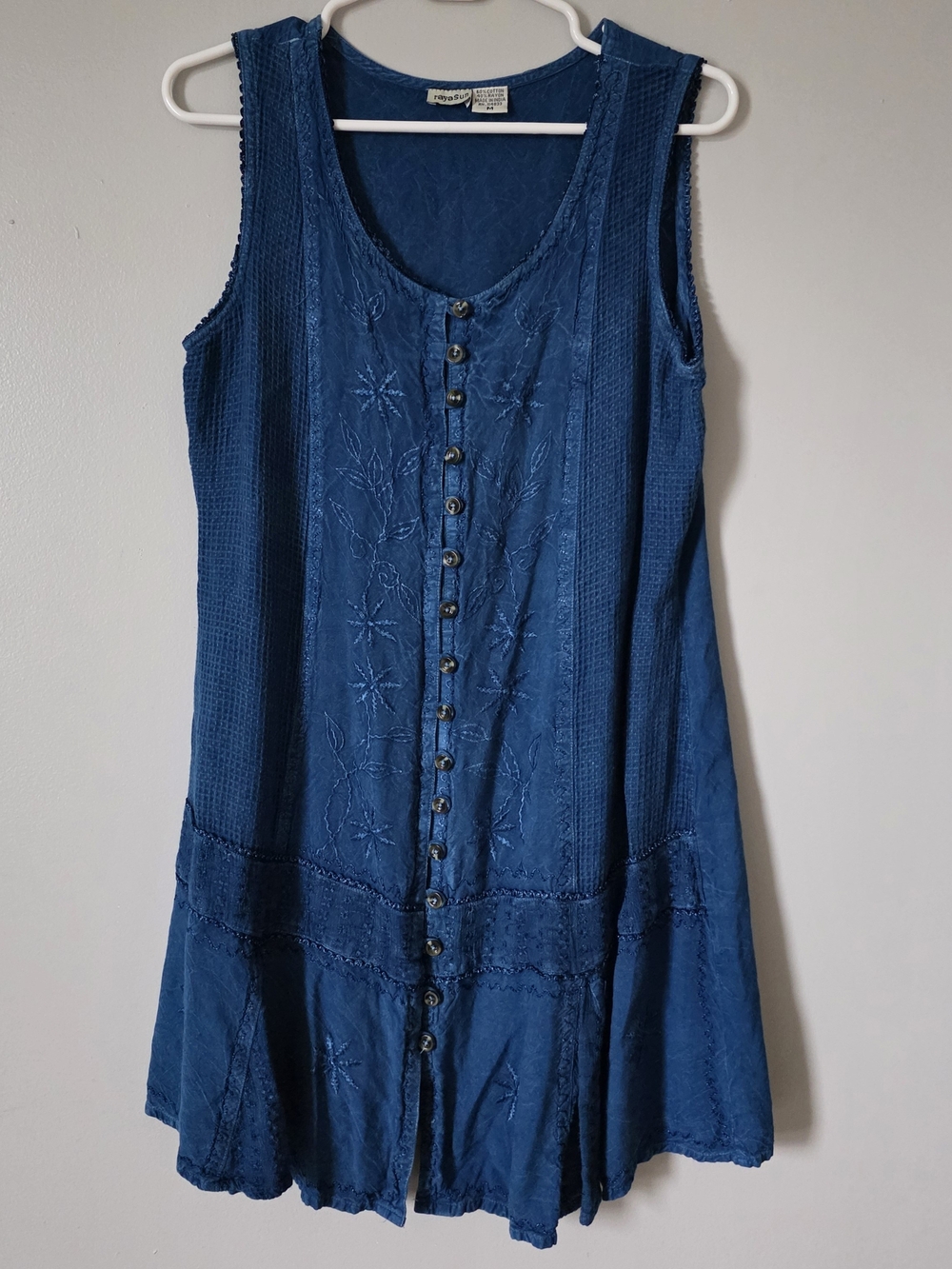 Boho Button-Front Embroidered Tank Dress - Blue- Cotton VTG 90s